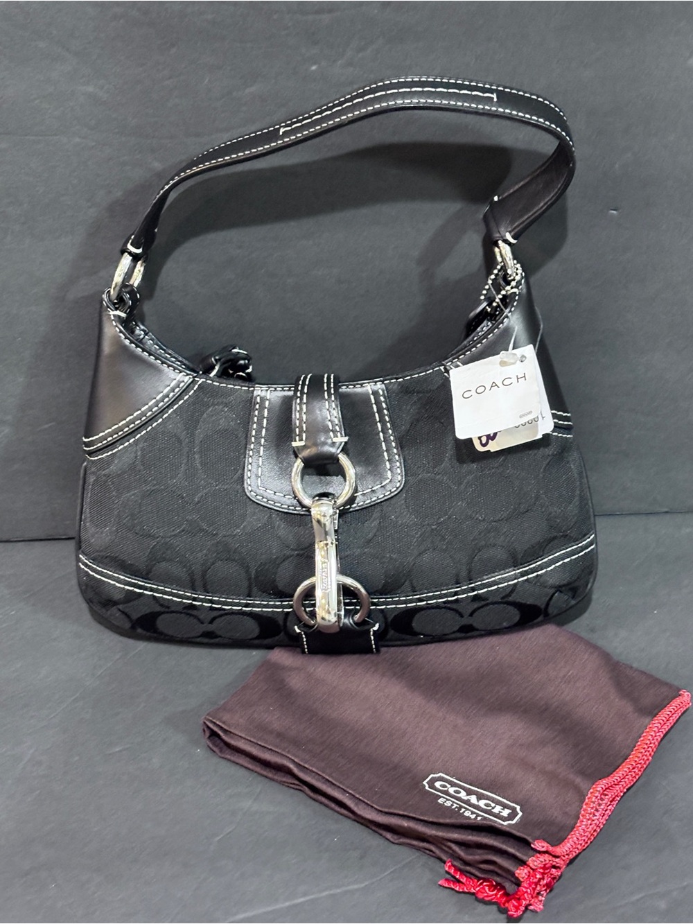 Coach Hamptons Signature Mini Hobo Bag Black Jacquard Leather Trim NWT